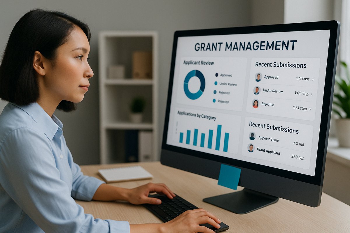 Professional reviewing digital grant applications